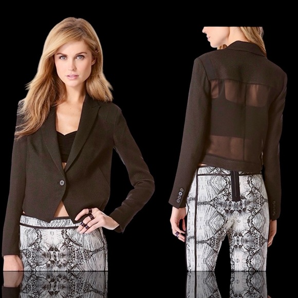 J Brand Black Wool-Blend Honeycomb Textured Sheer Back Paneled Blazer Size 0 - Picture 1 of 16